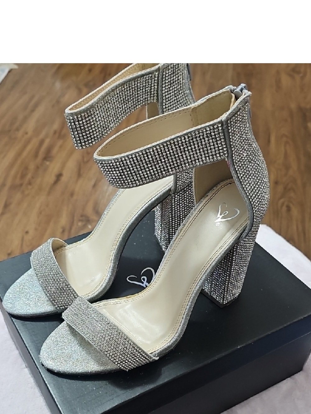 Windsor silver Embellished Silver Block Heel Sandals with Ankle Strap